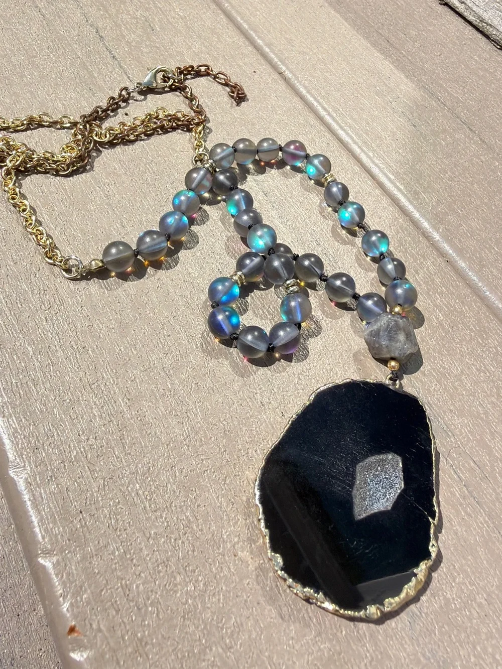 28” gold tone necklace w/ slab/druzy pendant, larvakite, and mermaid glass!